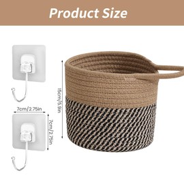 Pack of 2 Hanging Baskets, Wall Baskets, Cotton Rope Braid, 15 x 16 cm, Storage Baskets with Handle, Hanging Baskets, Small for Kitchen, Bathroom, Bedroom, Living Room (Brownish Black)