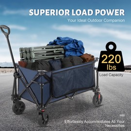 Collapsible Folding Wagon Cart, 220LBS Heavy Duty Foldable Utility Garden Cart with All Terrain Wheels & Side Storage Bag, Portable Sports Wagon for Camping, Shopping, Garden