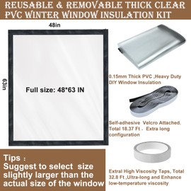 Window Insulation Kit for Winter Heavy Duty Plastic Window Cover Sealer Reusable Clear Thick Insulation Wrap Transparent Film with Strong Adhesive Tape and Hook and Loop Tape for Winterizing 48''x63''