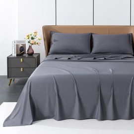 Levoo Cooling Sheets Rayon Derived from Bamboo 18"-24" Extra Deep Pocket Queen Sheets Cooling Sheets for Hot Sleepers Silky Soft 4Pcs Bed Sheets(Queen, Dark Gray)
