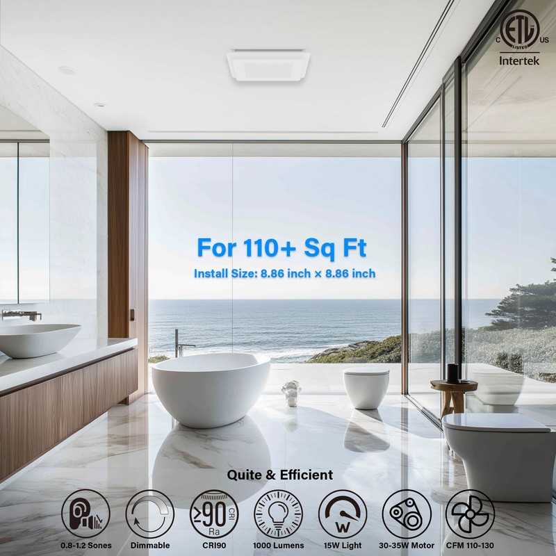 JULLISON Bathroom Exhaust Fan with Light Combo: 110-130CFM Adjustable, Ceiling