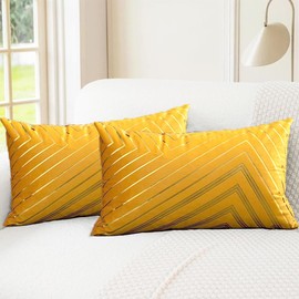 Set of 2 Velvet Throw Pillow Covers Patchwork with Gold Leather Pillow Cases 12 x 20 Inch Cushion Covers Decor Living Room Sofa Bedroom Car Home Decorative (Yellow, 12 x 20 inches)