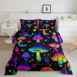 Erosebridal Galaxy Comforter Set Starry Sky Mushroom Bedding Set Twin,Blue Purple Green Teal Glitter Mushroom Duvet Insert Botanical Bed Quilt Glowing Jungle Plant Room Decor for Child Kids Teenager