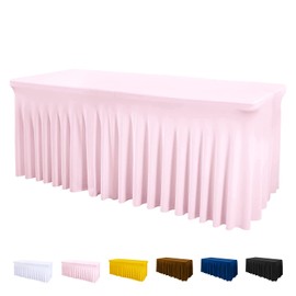 Jieqier Table Cover and Table Skirt One-Piece for Folding Tables, 6FT Spandex Fitted Tablecloth with Ruffles Skirt for Weddings, Banquets, Baby Showers, Parties, Vendors (Pink)