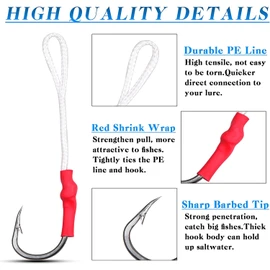 Assist Fishing Hooks 420 Stainless Steel with Red Braided Line Fishhook Baits Fishing Tackle Size 1/0-10/0 (4/0-30pcs)