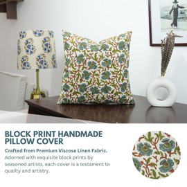 Fabritual Handmade Block Print Viscous Linen 20"X20" Throw Pillowcase Cushion Cover, Home Décor, Living Room, Sustainable for Sofa and Couch, Floral Printed with Boho Design, Vasundhra, Brown