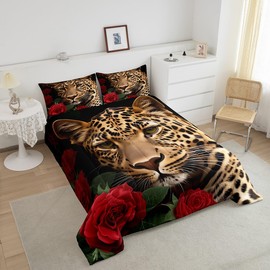 Erosebridal Red Rose Cheetah Bedding Set,Cat Leopard Print Comforter Set,Romantic Flowers Down Comforter,Animal Theme Bedroom Decor for Boys Girls Youth Men Women Female,King Size