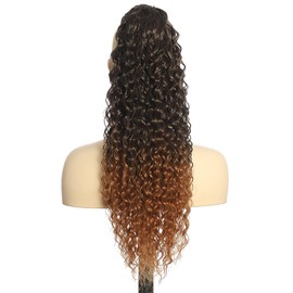 BALINGHAIR Deep Wave Ponytail Extension for Women 24 Inch Black to Brown Curly Wavy Ponytail Hair Extensions Drawstring with Clips Short Synthetic Hairpiece for Daily and Party