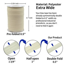 Bias Tape, Double Fold Bias Tape 1/2 Inch Continuous Bulk Bias Tape for Sewing, Quilting, Binding, Hemming, Apparel Craft, Polyester, Non-Stretch (Cream,13mm, 55 Yards)