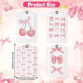 BkeeCten 4pcs Leather Coquette Pink Bow Luggage Tags, Trendy Watercolor Pink Cherry Bow Tie Identification Tags for Suitcase, Aesthetic Preppy Identify Labels Travel Tags for Backpack Suitcase