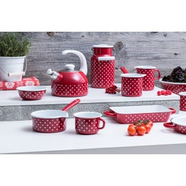 Riess, 0338-077, Küchenmaß 10 1,00 L, COUNTRY - PÜNKTCHEN ROT, Durchmessser 10 cm, Höhe 14,8 cm, Inhalt 1 Liter, Emaille, rot/weiß, Induktion
