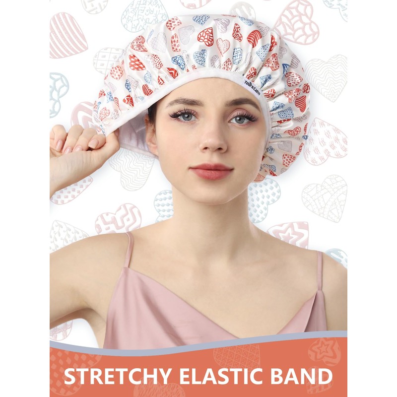 Years calm Terry Lined Shower Cap, Triple Layer Heart Motifs,Waterproof