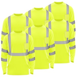 W&H High Visibility Long-Sleeved Safety Work Shirts with Sun Protection for Men - Ideal for Construction 6PCS Yellow XL