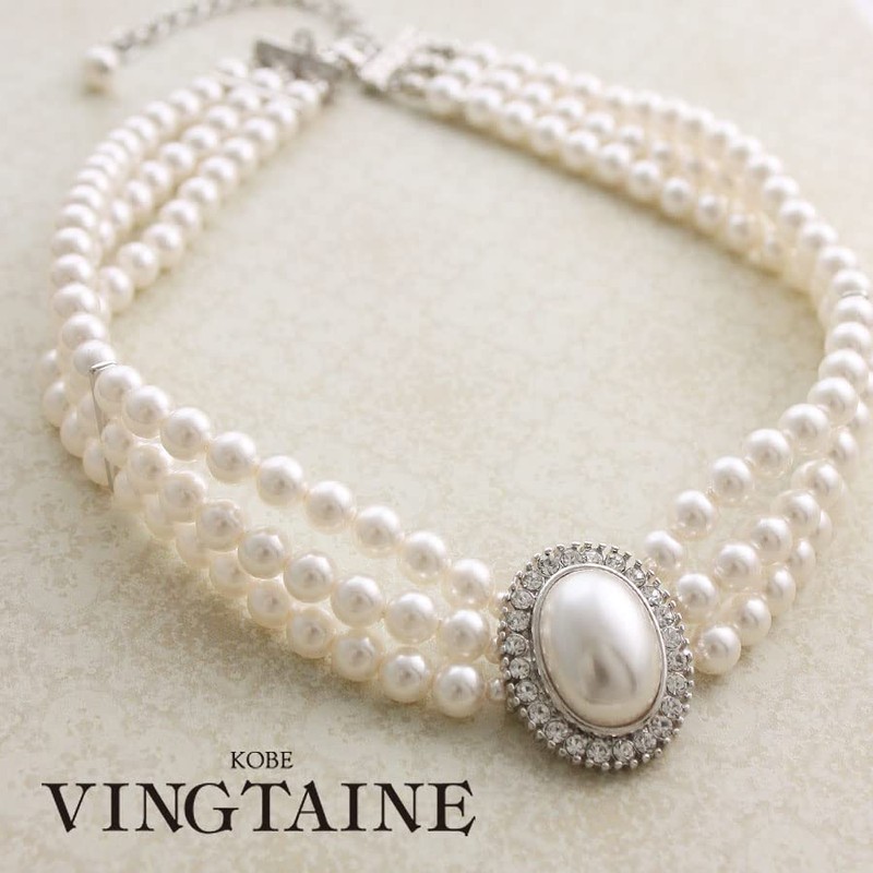 VingTAINE C14-68 3 Row Gorgeous Pearl Oval Rhinestone Necklace Choker,