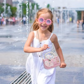 LJCTULY Girls Purse for Kids Aged 3-12 - Toddler Crossbody Bag with Flower Sunglasses - Cute Kids Purse with Chain Shoulder Strap - Birthday Gifts for Girls (Hot Pink)