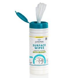 Juniper CLEAN 1 Pack Surface Cleaning Wipes with Bleach, All-Purpose Cleaner for Bathroom, Kitchen, Office, 35 Count Canister, 7.5" x 7" Sheet, Fresh Scent, Lint Free & Durable
