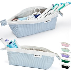 SPACEMATE Pencil Case Pouch Bag School Supplies for Girls, Cute Aesthetic Corduroy Pen Case, Simple Large Big Capacity Zipper Stationery Bag for Women Teen Adults, Light Blue, 1200ml