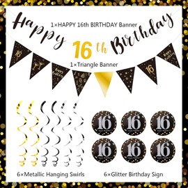 FASOTY 16th Birthday Decorations Kit Black Gold 16th Birthday Decorations For Boys & Girls Pre-Strung Happy 16th Birthday Banner Bunting and Hanging Swirls 16 Years Old Party Supplies