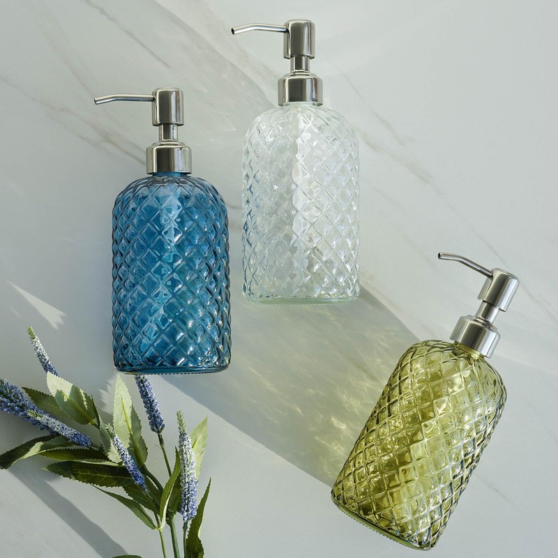 JASAI 18Oz Gem Patterned Glass Soap Dispenser for Kitchen and