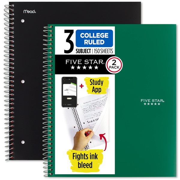 Five Star Spiral Notebooks + Study App, 2 Pack, 3 Subject, College Ruled Paper, 8-1/2" x 11", 150 Sheets, Fights Ink Bleed, Water Resistant Cover, Black, Green (820191)