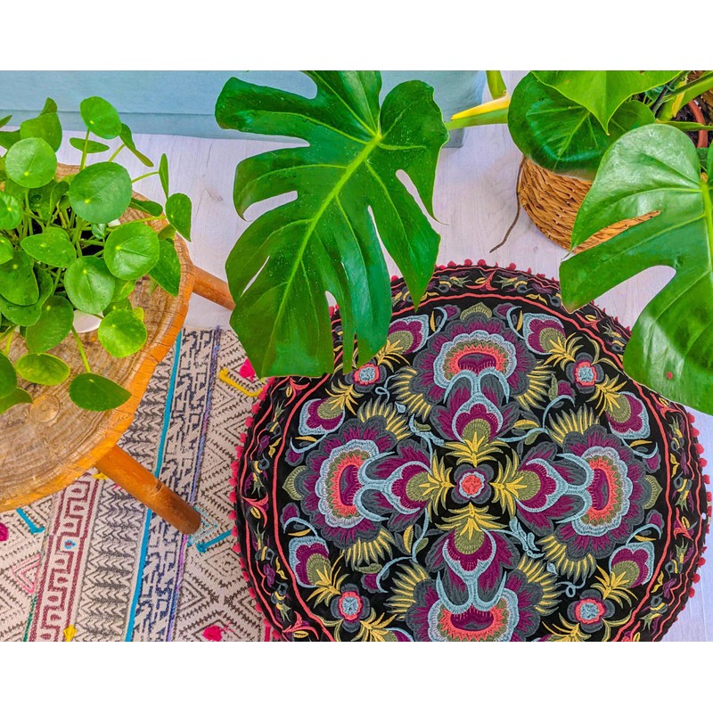 Black Round Pouf Ottoman Cover with Velvet Embroidery - Soft