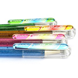 Pentel K110-DMNX Hybrid Dual Metallic Gel Rollerball Pen - Glitter Gel - Ink Colour Blue/Grey/Metallic Blue & Silver, Line Width 0.5 mm, Pack of 12
