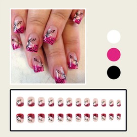 Short Square Prss on Nails Pink French Fake Nails Acrylic with Black Tiger Skin White Flower Pattern Design False Nails Artificial Glossy Stick on Nails Full Cover Glue on Nails for Women 24 Pcs