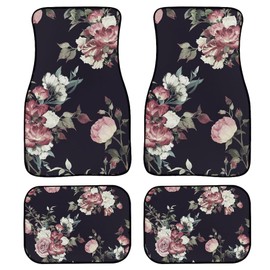 LONSANT Floral Car Floor Mats Set of 4,Seamless Floral Pattern with Roses Watercolor Vehicle Front Rear Carpets Mats Universal Car Rugs Dark Vintage Flowers Print Auto Car Accessories for Car Truck