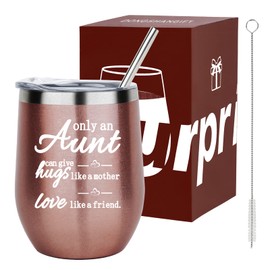 DONGSHANGIFT Only an Aunt Can Give Hugs Like a Mother Wine Tumbler - Birthday, Mother's Day Gift for Auntie From Nephew/Niece - 12 Oz With Lid, Straw, and Gift Box - Rose Gold