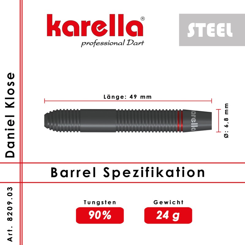 Karella Steeldart Daniel Klose, 90% Tungsten, 24 g, 2 Flight