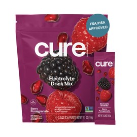 Cure Hydration | Plant-Based Electrolyte Drink Mix | No Added Sugar | FSA-HSA | Dehydration Relief Powder Made with Coconut Water | Non-GMO | Vegan | Pouch of 14 Packets - Berry Pomegranate