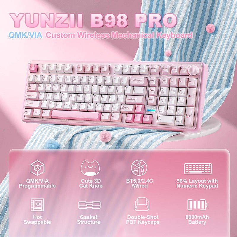 YUNZII B98 PRO 96% Wireless Mechanical Keyboard(Pink, Candy Switch)