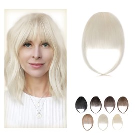 SLEEKALON Clip in Bangs Human Hair Platinum Blonde Air Bangs Remy Hair Clip On Bang Hairpiece for Women Curved Bangs Hair Clip Fringe with Temples for Daily Wear(#60-Platinum Blonde)