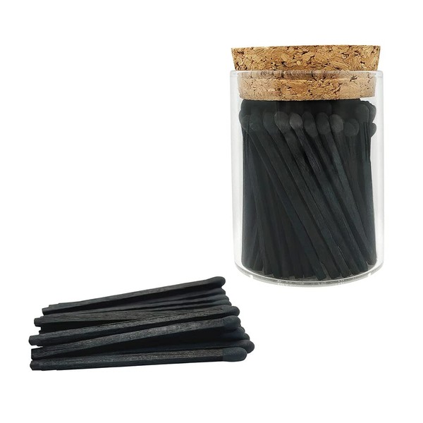 2" All Black Matches in a Glass Bottle | 100+ Artisan Safety Matchsticks in a Chic Jar with Cork Lid & Striker by Thankful Greetings| for Home Decor & Candle Lovers | Decorative Candle Accessories