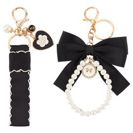 CRASPIRE Bowknot Pearl Keychain Black Women with Wristlet Bracelet Lobster Clasp Cute Bag Charm Keyring Stainless Steel Hoop for Purse Bag Car Handbags Tote Bag Backpack Pendant Bow Accessories