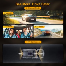 Martalk 3 Channel Mirror Dash Cam with Front 4K, in-Cabin & Rear 1080P Cameras, Enhanced Night Vision, G-Sensor & Parking Monitor, 64GB Card Included, Triple Rear View Mirror Camera for Cars & Trucks