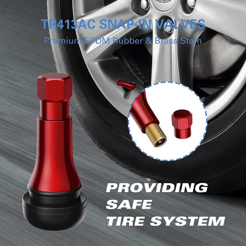 CKAuto TR413AC Red Chrome Rubber Snap-in Tire Valve Stems (5