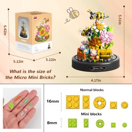 Flower Bouquet Building Sets, 588 PCS Animals Flowers Botanical Collection Mini Bricks Building Blocks Toy for Adults, Valentine's Day for Her Mom Women Wife Girlfriend (Bee)