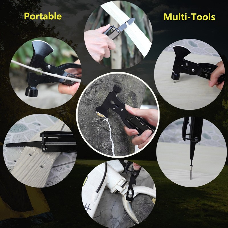 15In1 Axe Hammer MultiFunctional Camping Survival Screwdrivers Pliers Bottle Opener(Black