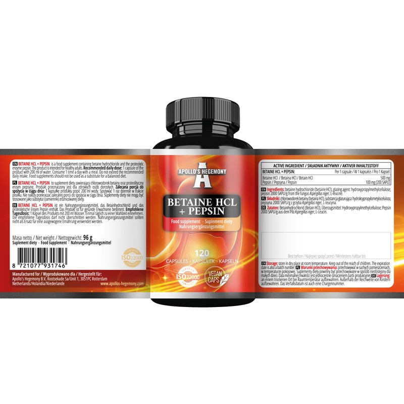 Betain HCl 500 mg + Pepsin - 120 Vegane Kapseln
