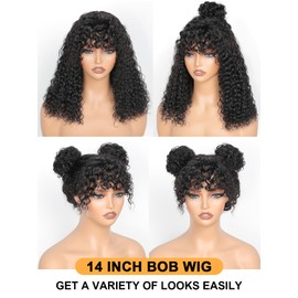JuneMet Ruiyu Short Curly Human Hair Wigs with bangs 2x4 HD Lace Closure Wigs Ready to Wear and Go Glueless with Bangs Water Wave 100% Brazilian Wet and Wavy Human Hair Wig for Black Women 14 Inch
