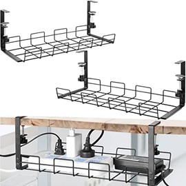 No Drill Under Desk Cable Management Tray, 2 Pack Cable Management Clamp to Desk Cable Rack Under Desk Cord Organizer, Sturdy Metal Cable Tray Basket for Office and Home Standing Desk
