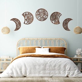 Jetec 5 Pieces Moon Phase Wall Hanging Decor Moon Wall Art Decor Wooden Moon Wall Decoration Moon Phases Wall Art Decorative Nordic Moon Decor for Room Bar Ornament (Brown)