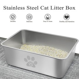 PWTAA Stainless Steel Cat Litter Box High Side Cats Toilet Metal Kitten Litter Pan, Pet Cleaning Tool for Big and Small Cats, Rabbits, Splash-Proof and Non-Stick Cat Poop Box odorless 17.7"x13.8"x5.9"