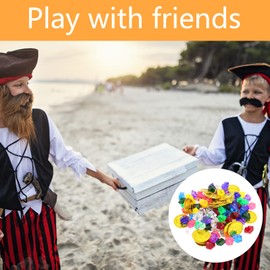 Gold Coins Pirate Treasure, 160 Pieces Gold Coins Gemstones Children, 50 Gold Coins Play Money + 100 Gemstones for Children + 10 Pirate Stickers Pirate Children's Birthday, Treasure Chest Children's