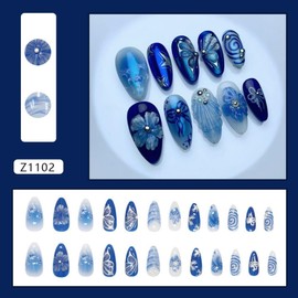Almond Press on Nails Medium False Nails with 5D Rhinestone Butterfly Design 3D Flower Fake Nails Glossy Ombre Blue Glue on Nail Reusable Full Cover Pearl Bow Stick on Nail for Women Manicure 24Pcs