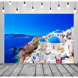 CORFOTO Fabric 12x8ft Greece Photo Backdrop Santorini Island Oia Village Backdrop Greece Photography Background for Greece Themed Party Banner Mamma Mia Birthday Decor Bridal Shower Photo Booth
