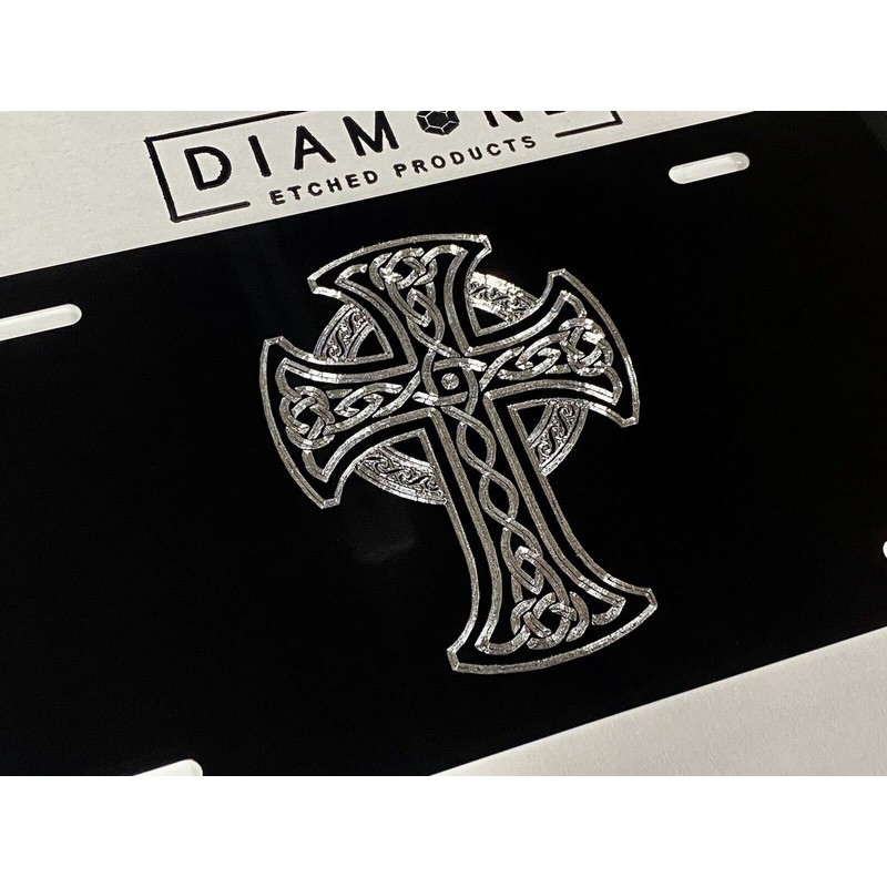 Silver Engraved Celtic Cross Car Tag Diamond Etched Vanity Front