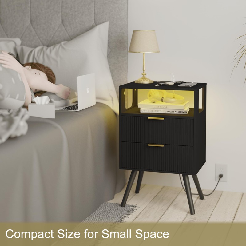 JOONEE Black Nightstand with Charging Station and LED Lights,Modern Bedside