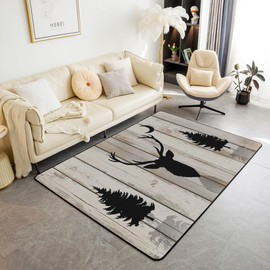Deer Antler Area Rug 3'x5',Lodge Cabin Style Rustic Animal Non Slip Carpet for Kids Girls Adults,Jungle Pine Tree Christmas Wildlife Decor Rug for Living Room Bedroom Playroom Backyard